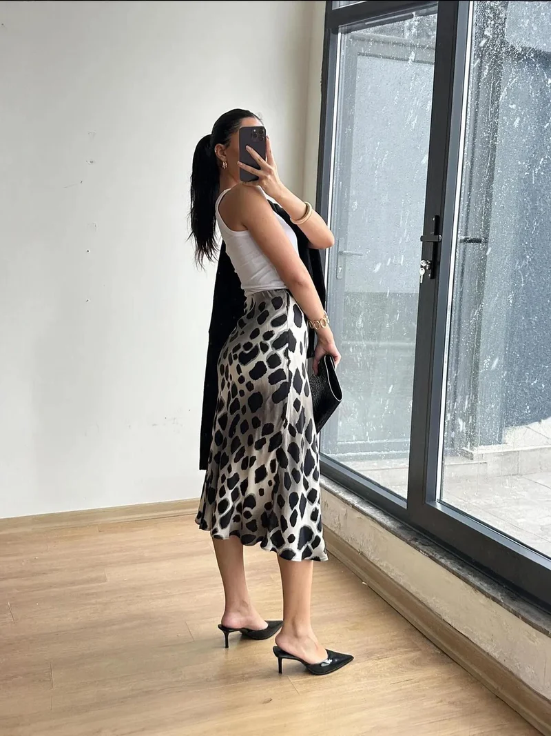 MixRay Camel Brown Mixray Leopard Midi Skirt for Women | Best Price UAE